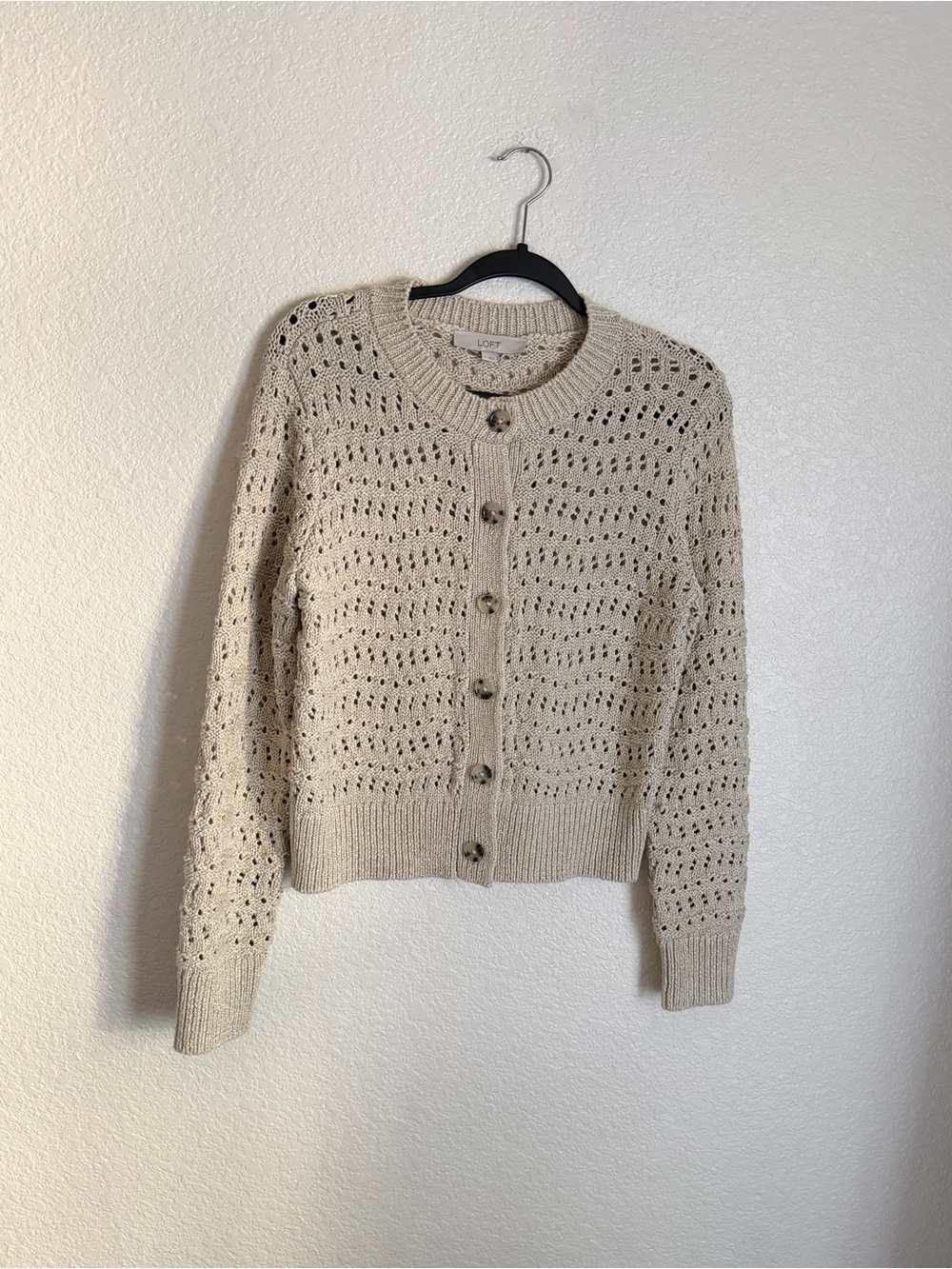 Loft Shimmer Pointelle Crewneck Cardigan S Gold Neutral - Picture 2 of 8